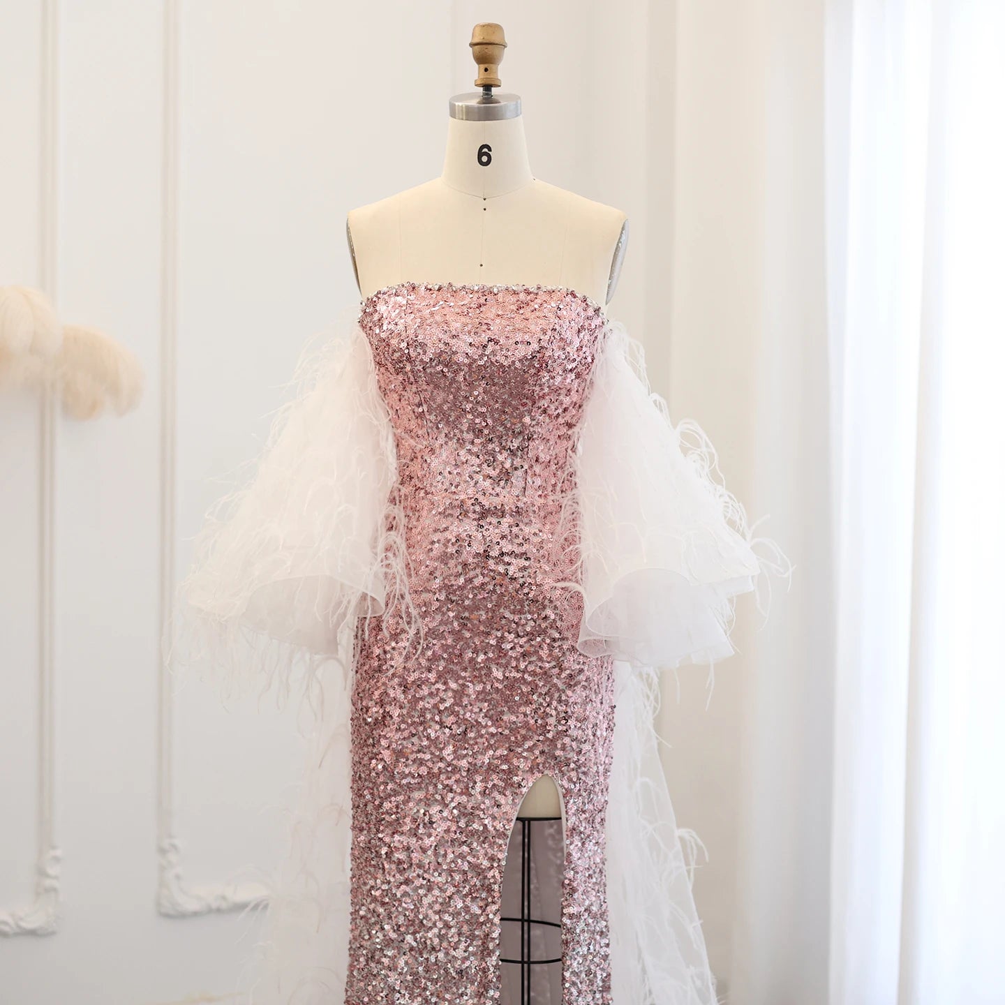 Luxury Ombre Pink Sequin Mermaid Evening Dresses with Feathers Cape Women Wedding Party Gowns - Image 2