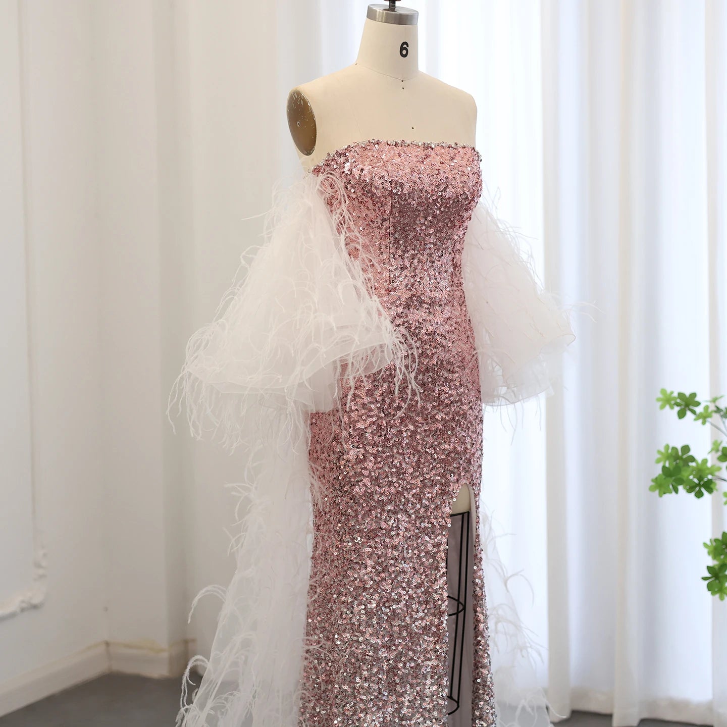 Luxury Ombre Pink Sequin Mermaid Evening Dresses with Feathers Cape Women Wedding Party Gowns - Image 3