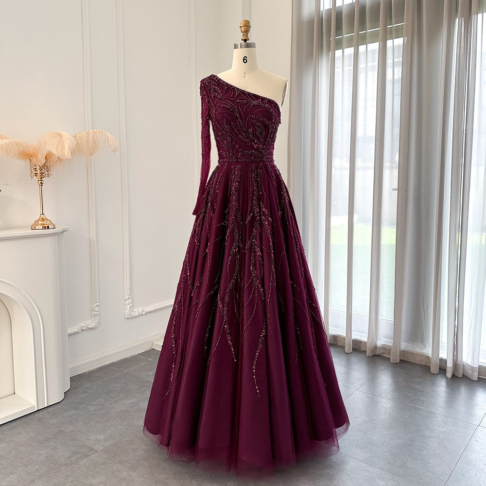 Luxury One Shoulder Fuchsia Evening Dresses for Women Wedding Elegant Long Sleeve Formal Gowns