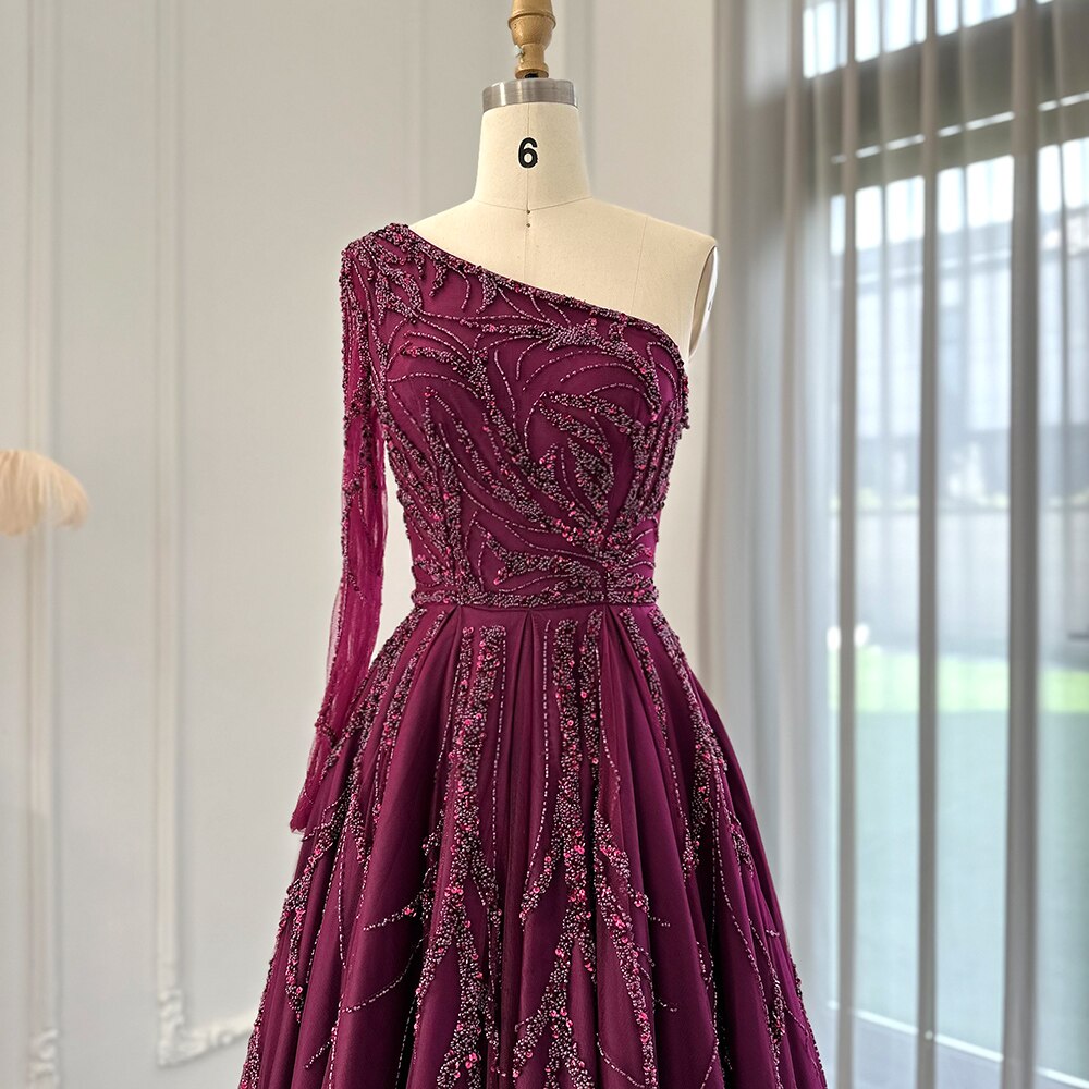 Luxury One Shoulder Fuchsia Evening Dresses for Women Wedding Elegant Long Sleeve Formal Gowns - Image 3