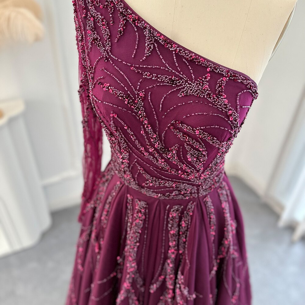 Luxury One Shoulder Fuchsia Evening Dresses for Women Wedding Elegant Long Sleeve Formal Gowns - Image 5