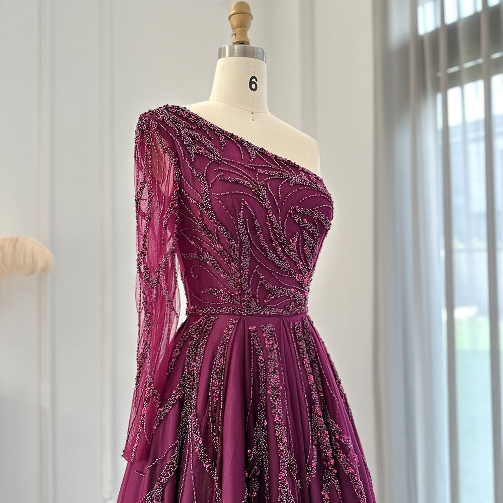 Luxury One Shoulder Fuchsia Evening Dresses for Women Wedding Elegant Long Sleeve Formal Gowns - Image 4