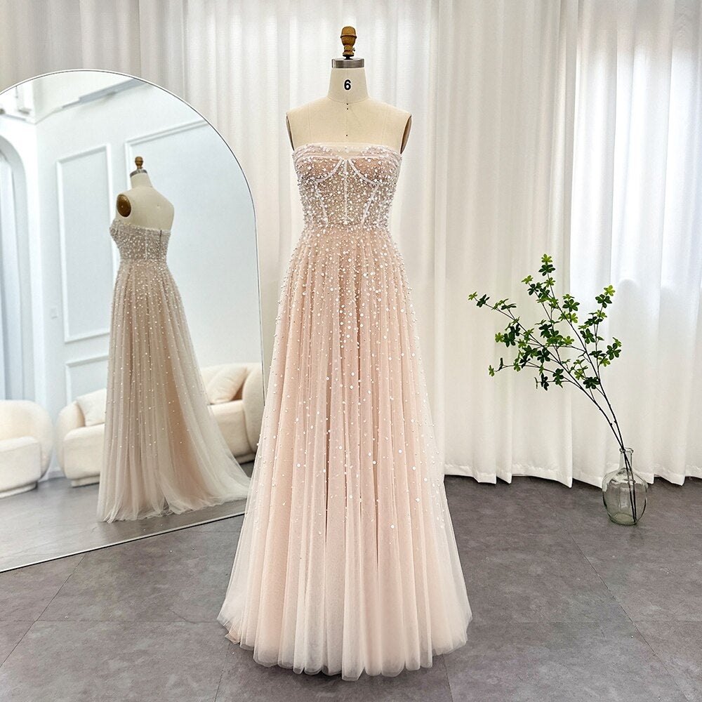 Luxury Pearls White Nude Evening Dresses with Gloves Elegant Women Wedding Bridal Party Gowns