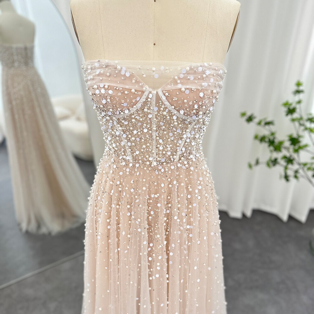 Luxury Pearls White Nude Evening Dresses with Gloves Elegant Women Wedding Bridal Party Gowns - Image 2