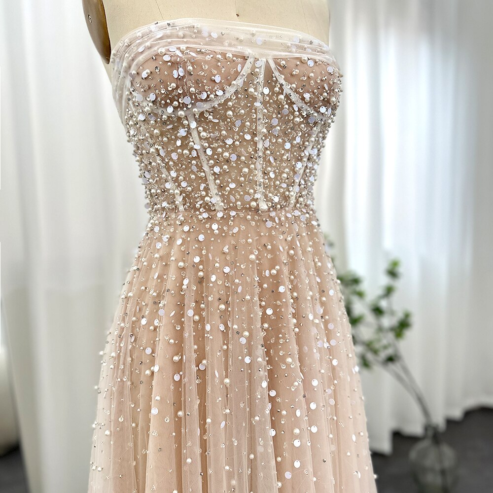 Luxury Pearls White Nude Evening Dresses with Gloves Elegant Women Wedding Bridal Party Gowns - Image 3