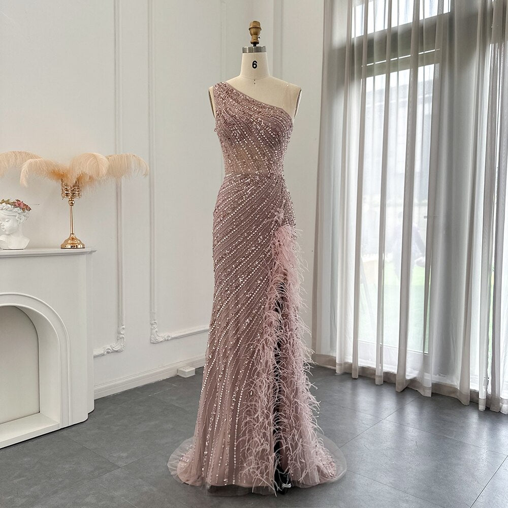 Luxury Pink Feathers Evening Dress One Shoulder High Slit Mermaid Prom Formal Dresses for Women Wedding