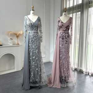 Luxury Mermaid Evening Dresses with Overskirt Long Sleeves Elegant Women Wedding Party