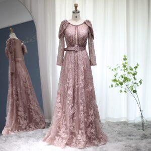Luxury Evening Dress with Belt Elegant Long Sleeve Women Wedding Party Gown