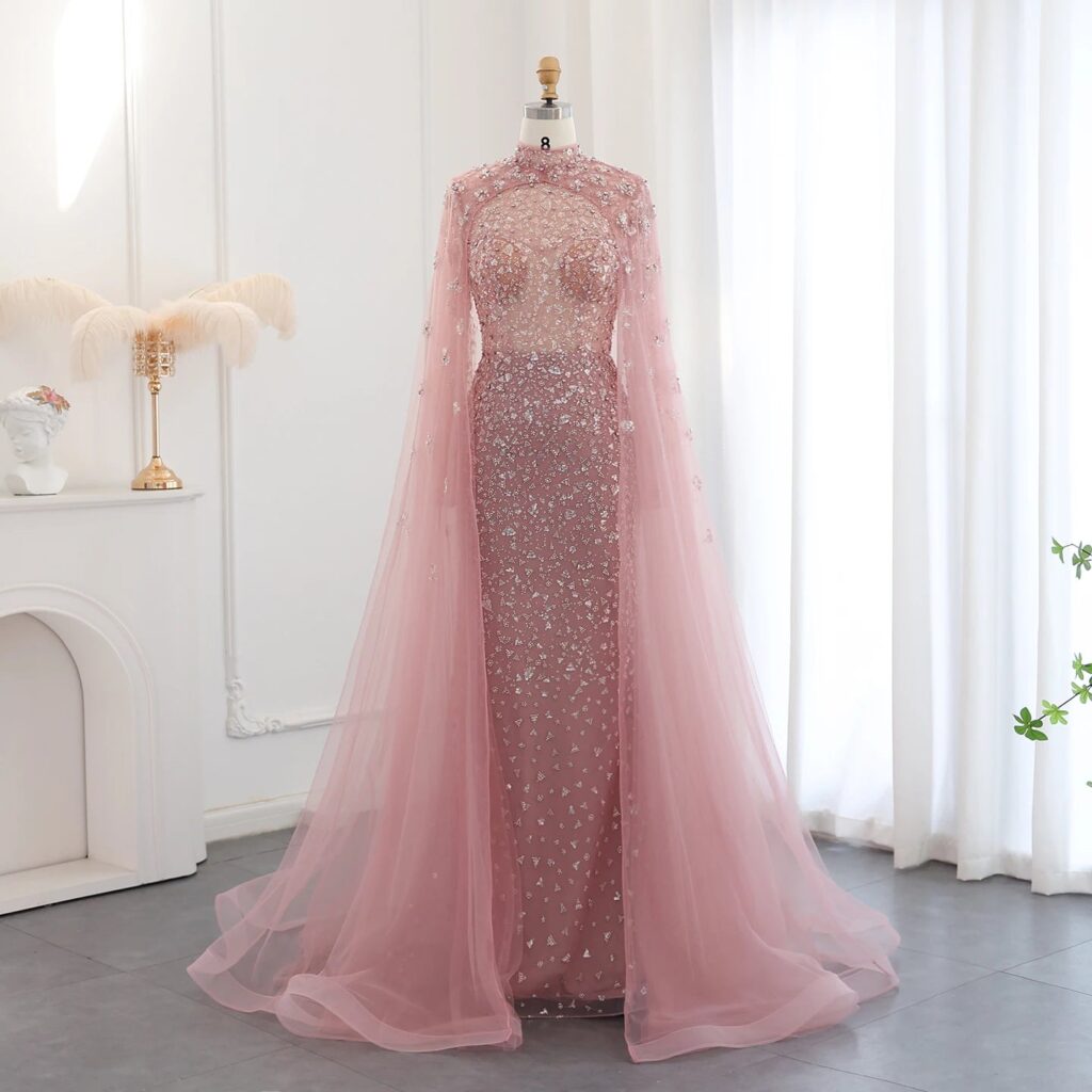Luxury Dubai Pink Evening Dress with Cape Long Sleeves Mermaid Sage Green Women Wedding Party Gown