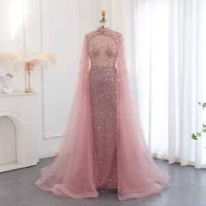 Luxury Dubai Pink Evening Dress with Cape Long Sleeves Mermaid Sage Green Women Wedding Party Gown