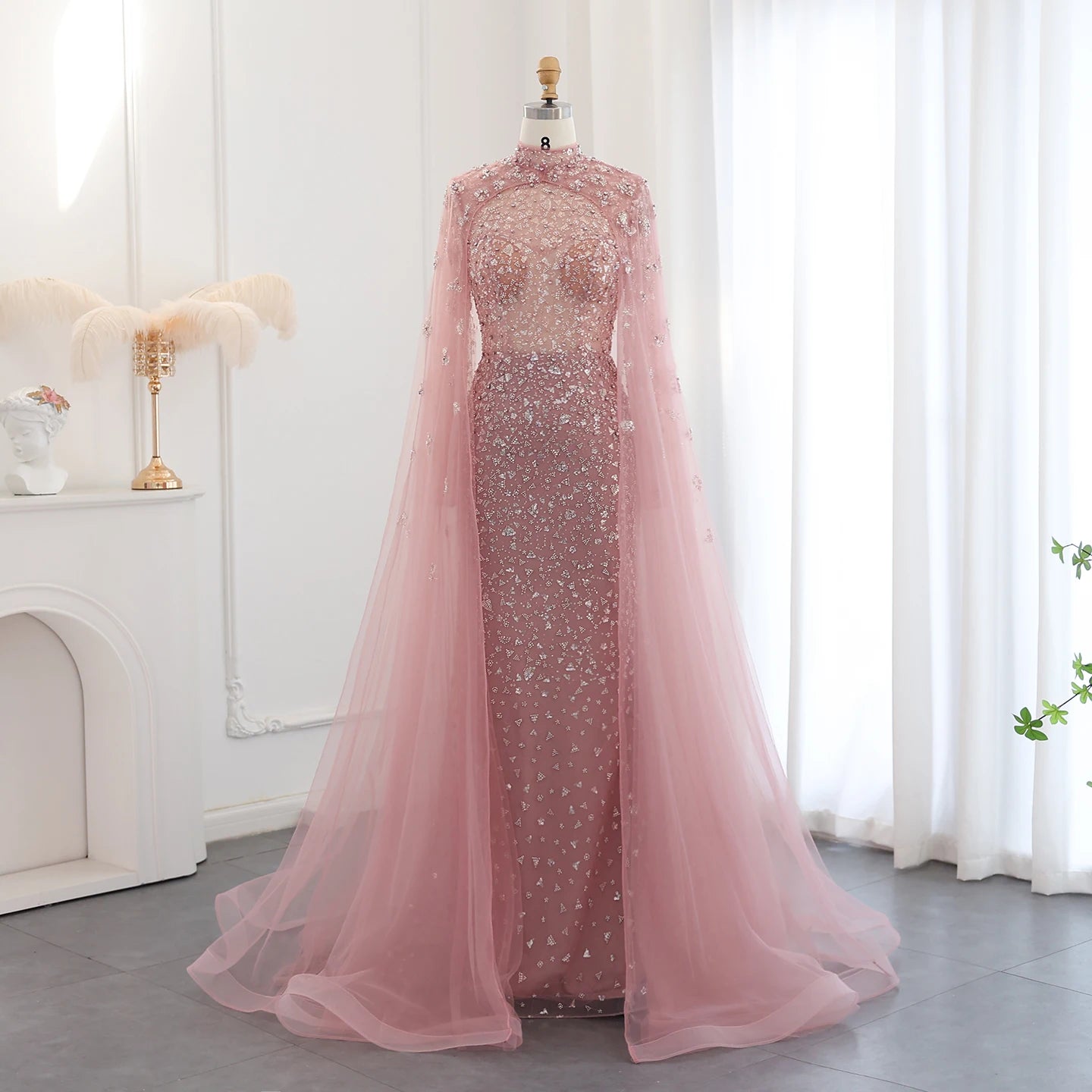 Luxury Dubai Pink Evening Dress with Cape Long Sleeves Mermaid Sage Green Women Wedding Party Gown