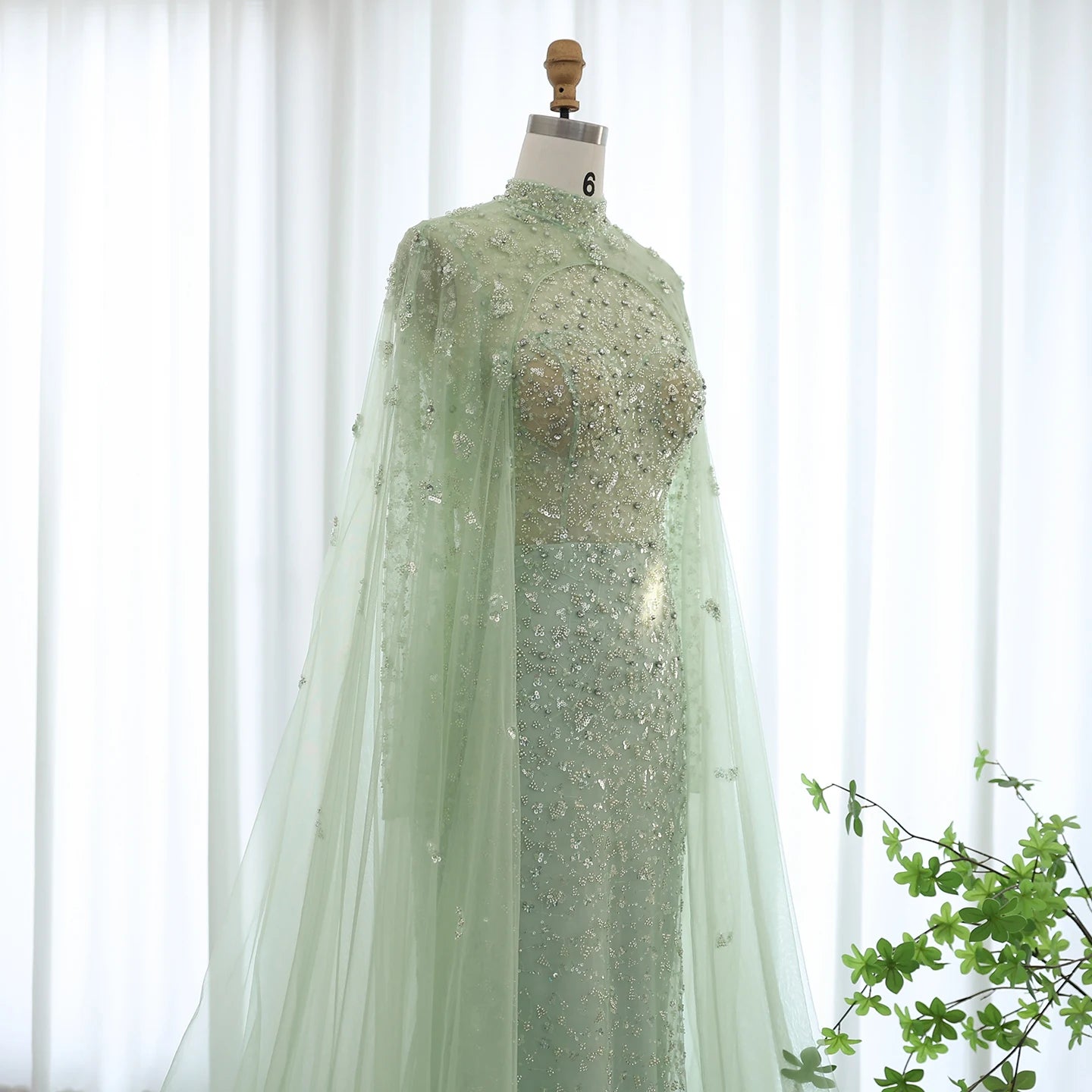 Luxury Dubai Pink Evening Dress with Cape Long Sleeves Mermaid Sage Green Women Wedding Party Gown - Image 2