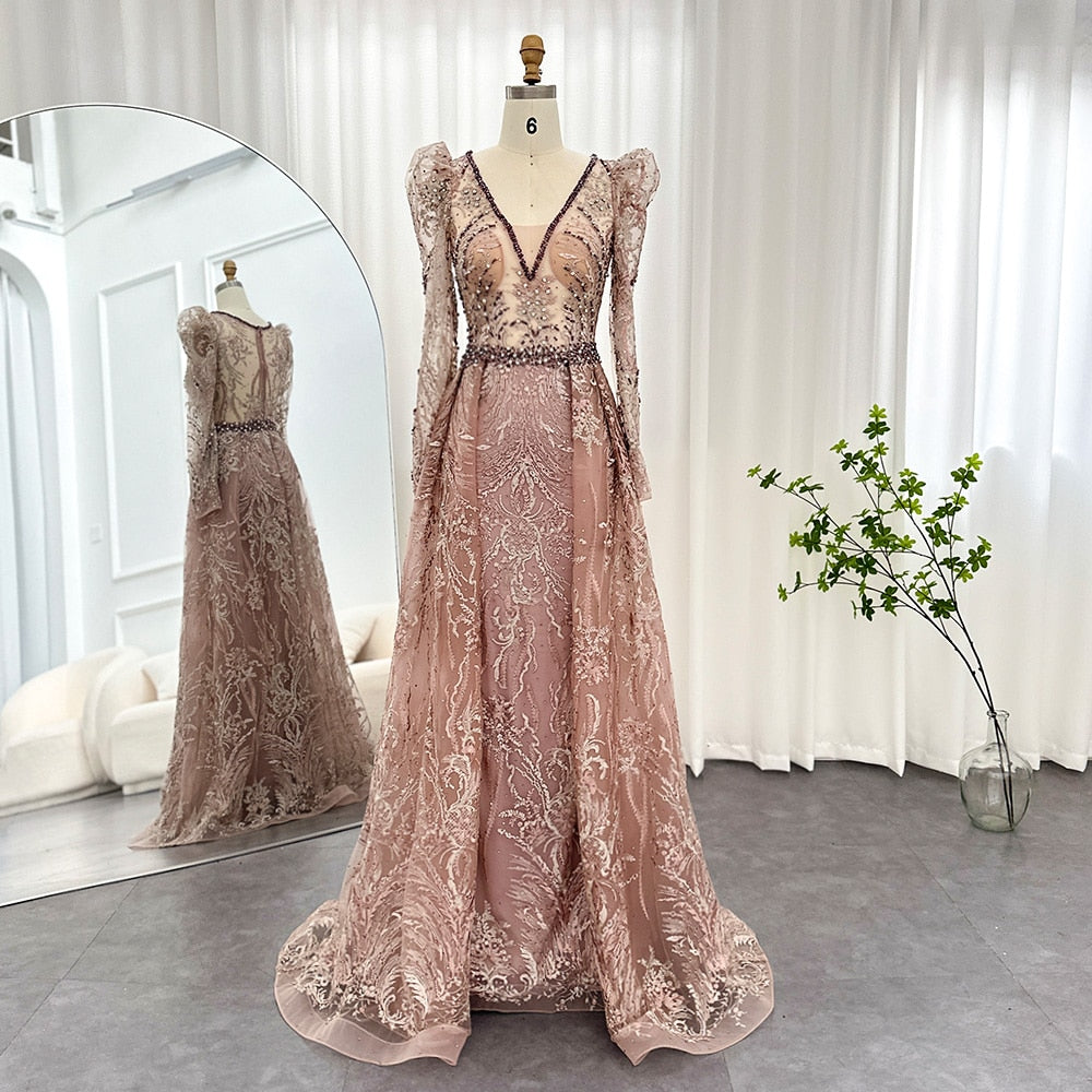 Luxury Pink Overskirt Evening Dress with Long Sleeves Elegant Women Wedding Party Formal Gowns