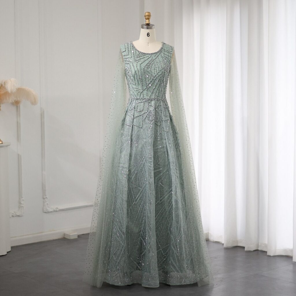 Luxury Evening Dress with Cape Sleeves Women Wedding Guest Party Gown