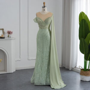 Luxury Sage Green Mermaid Evening Dress with Cape Sleeve Elegant One Shoulder Prom Party Dresses
