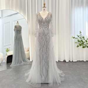 Luxury Silver Gray Evening Dress with Overskirt Long Sleeves Formal Party Gowns for Women Wedding