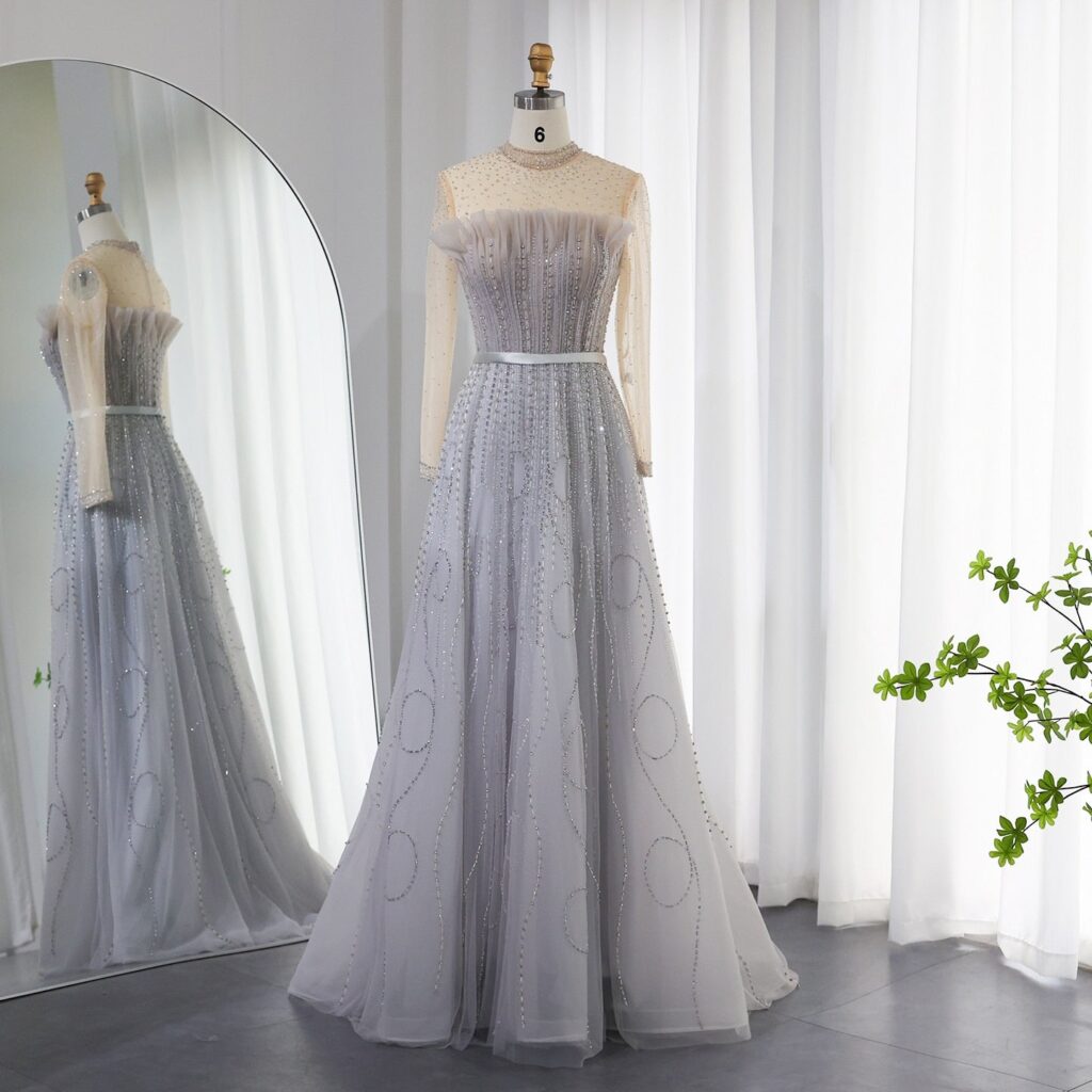 Luxury Silver Gray Evening Dresses for Women Wedding Party Long Sleeve Beaded Formal Prom Dresses