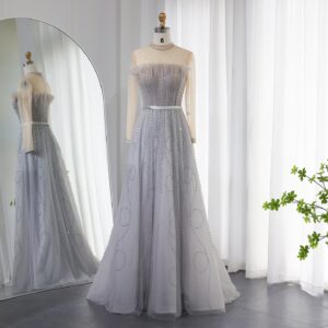 Luxury Silver Gray Evening Dresses for Women Wedding Party Long Sleeve Beaded Formal Prom Dresses