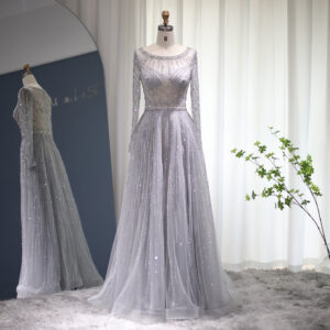 Luxury Silver Grey Evening Dress for Women Wedding Party Elegant Long Sleeve Beaded Muslim Formal Gowns