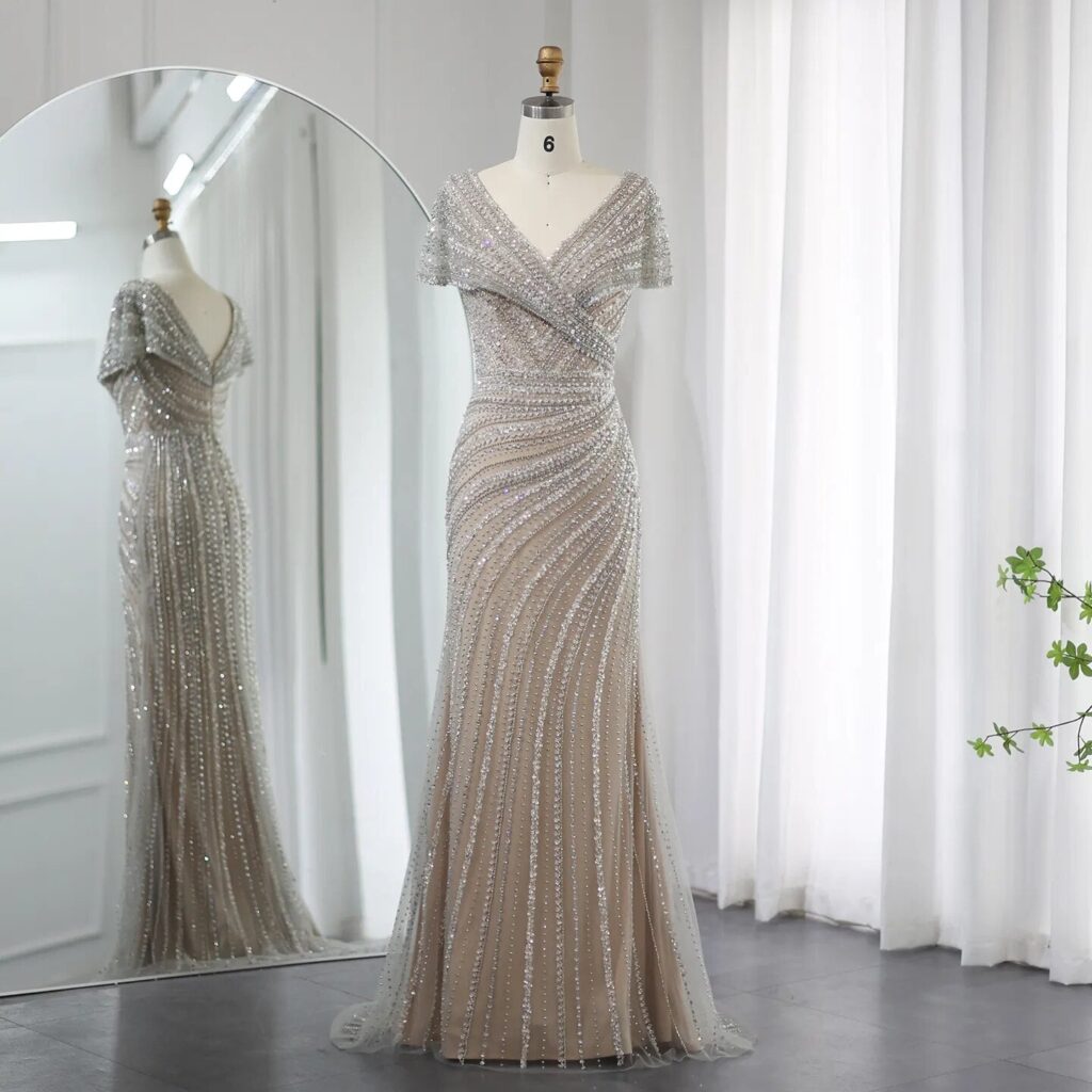 Luxury Silver Nude Mermaid Evening Dresses for Women Wedding Elegant Cap Sleeves Arab Formal Party Gowns