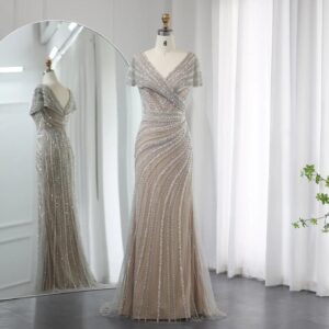 Luxury Silver Nude Mermaid Evening Dresses for Women Wedding Elegant Cap Sleeves Arab Formal Party Gowns
