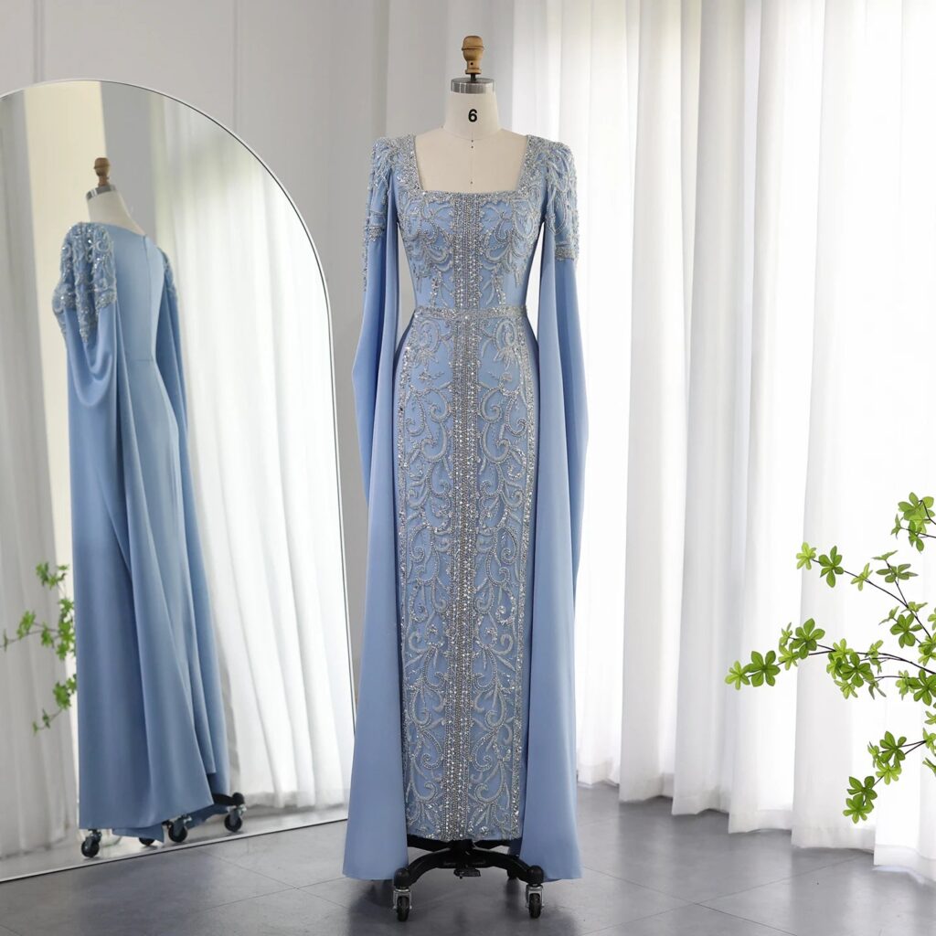 Luxury Mermaid kaftan Evening Dresses with Cape Sleeves Women Wedding Engagement Party Gowns