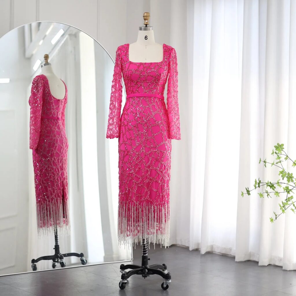Luxury Tassel  Evening Dresses for Women Elegant Long Sleeves Wedding Party Gowns