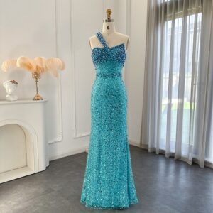 Luxury Turquoise Blue Mermaid Evening Dresses for Women Wedding One Shoulder Arabic Formal Party Gowns