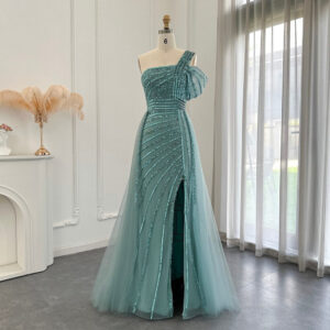 Luxury Turquoise Evening Dress with Overskirt Side Slit Elegant One Shoulder Wedding Formal Party Gowns