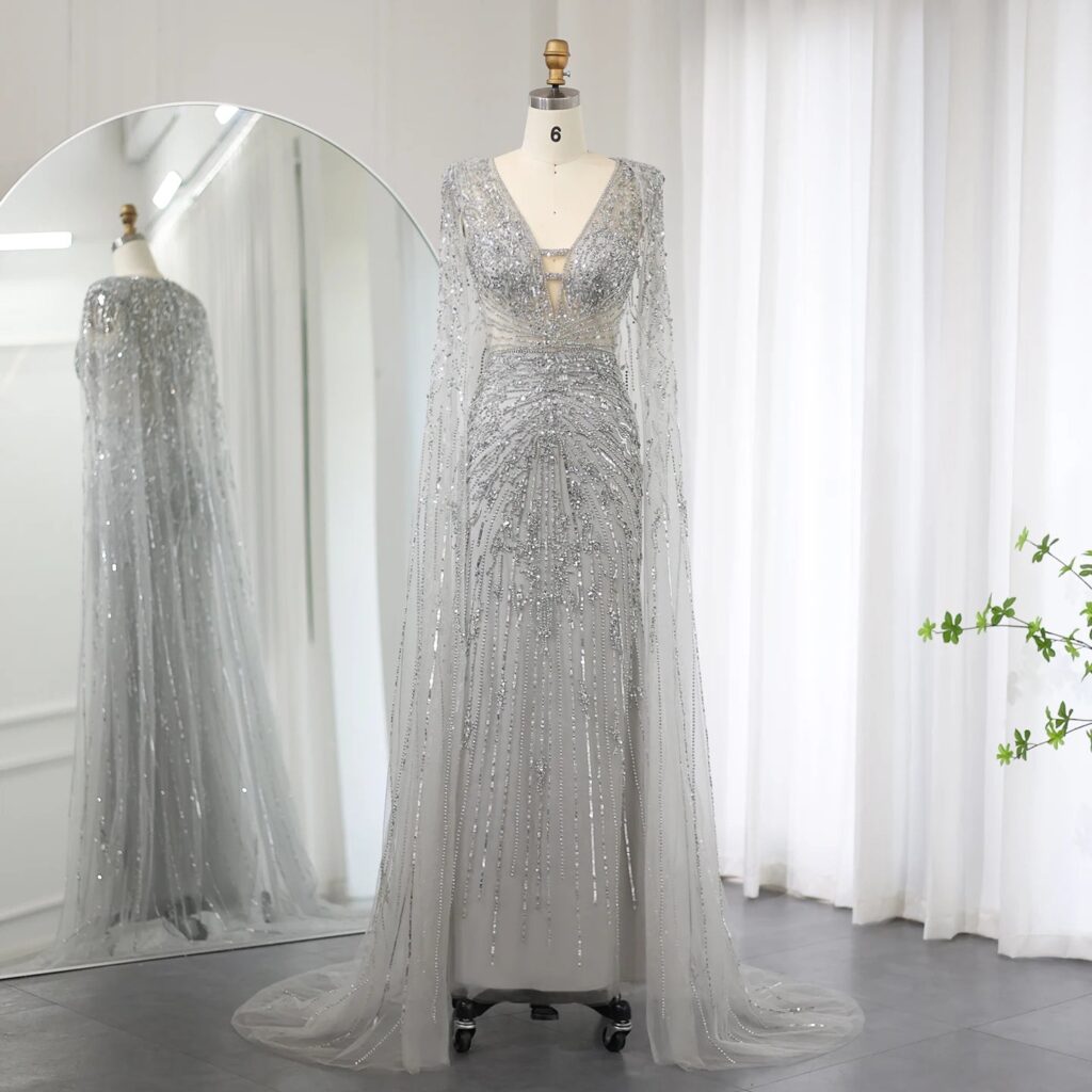 Luxury Turquoise Mermaid Evening Dresses with Cape V-Neck Arabic Silver Grey Wedding Formal Party Gowns
