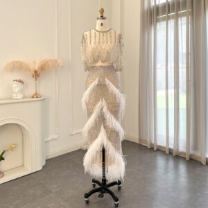 Luxury White Feathers Two Pieces Evening Dresses for Women Wedding Beaded Midi Prom Party Gowns