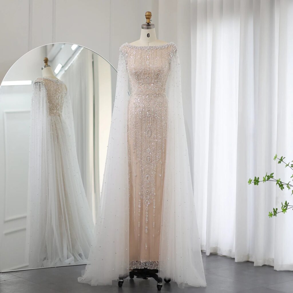 Luxury White Nude Mermaid Evening Dress with Cape Sleeves for Women Wedding Bridal Party Gowns