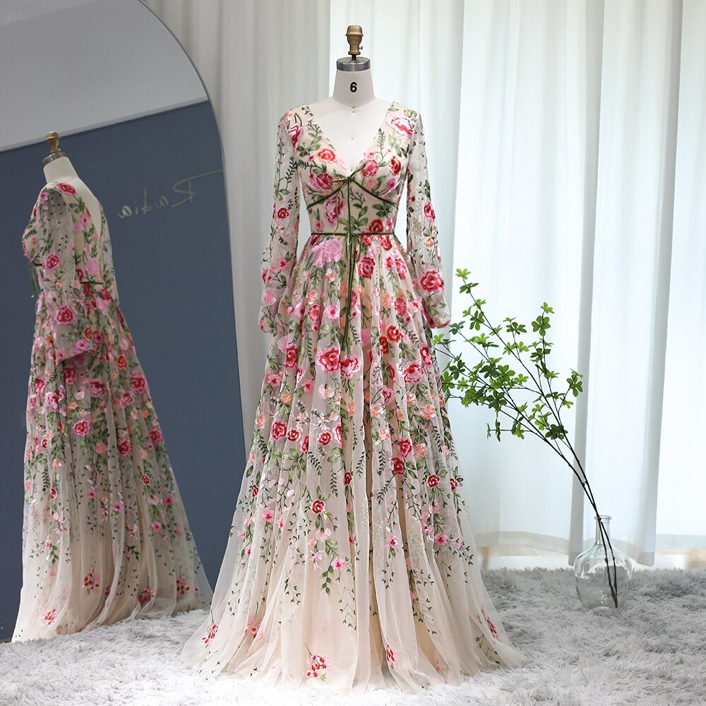 Luxury Embroidery Long Evening Dresses Garden Floral Vintage Formal Prom Dress for Women Wedding Party