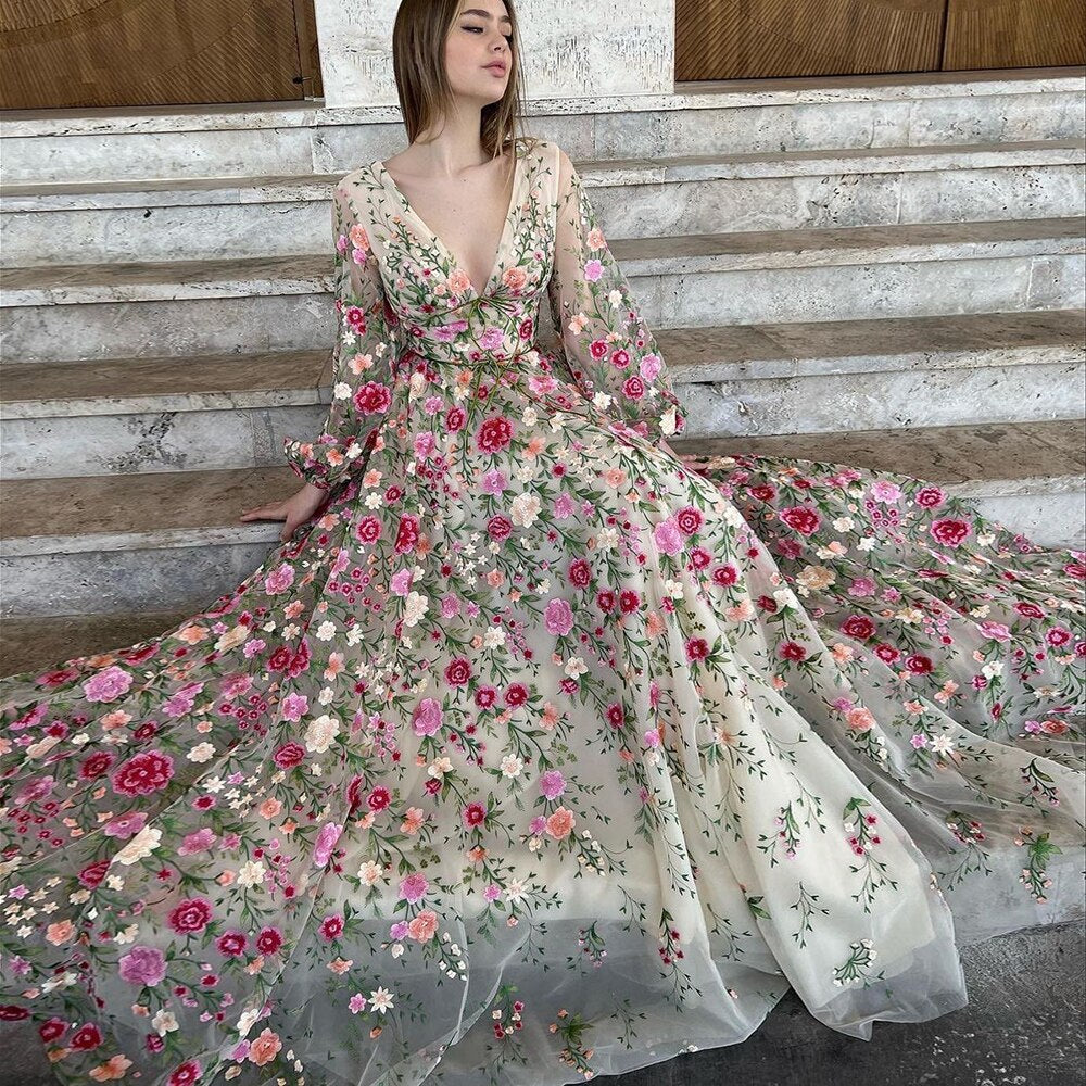 Luxury Embroidery Long Evening Dresses Garden Floral Vintage Formal Prom Dress for Women Wedding Party - Image 2