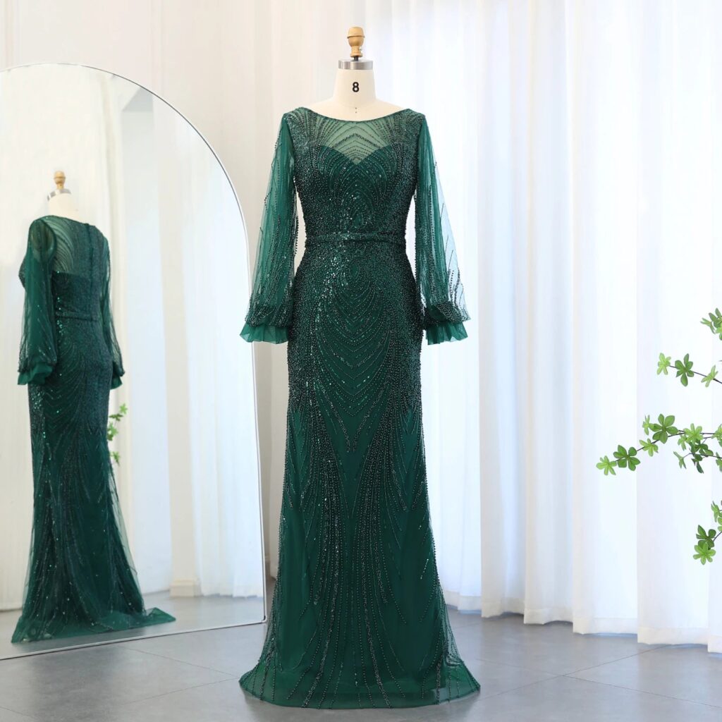 Luxury Emerald Green Mermaid Evening Dresses For Women Wedding Elegant Long Sleeves Formal Party Gowns