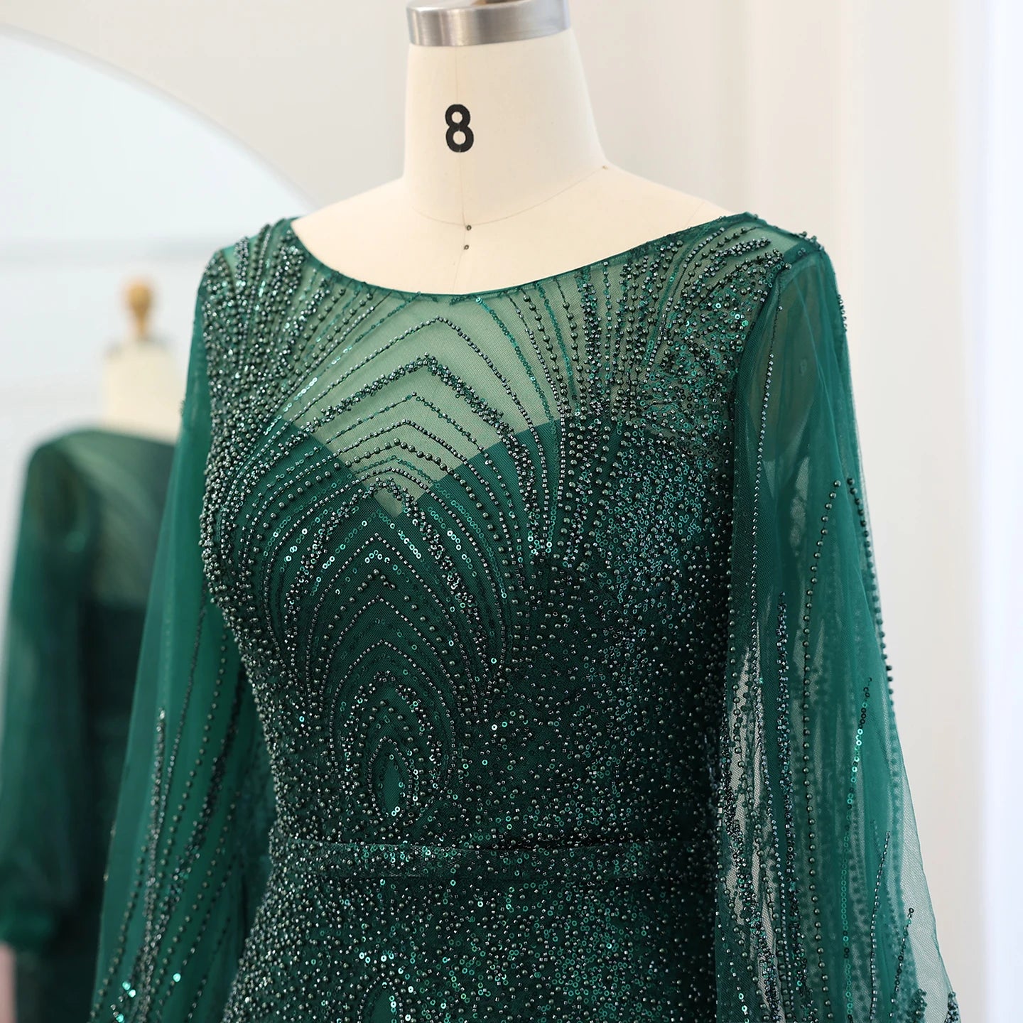 Luxury Emerald Green Mermaid Evening Dresses For Women Wedding Elegant Long Sleeves Formal Party Gowns - Image 3