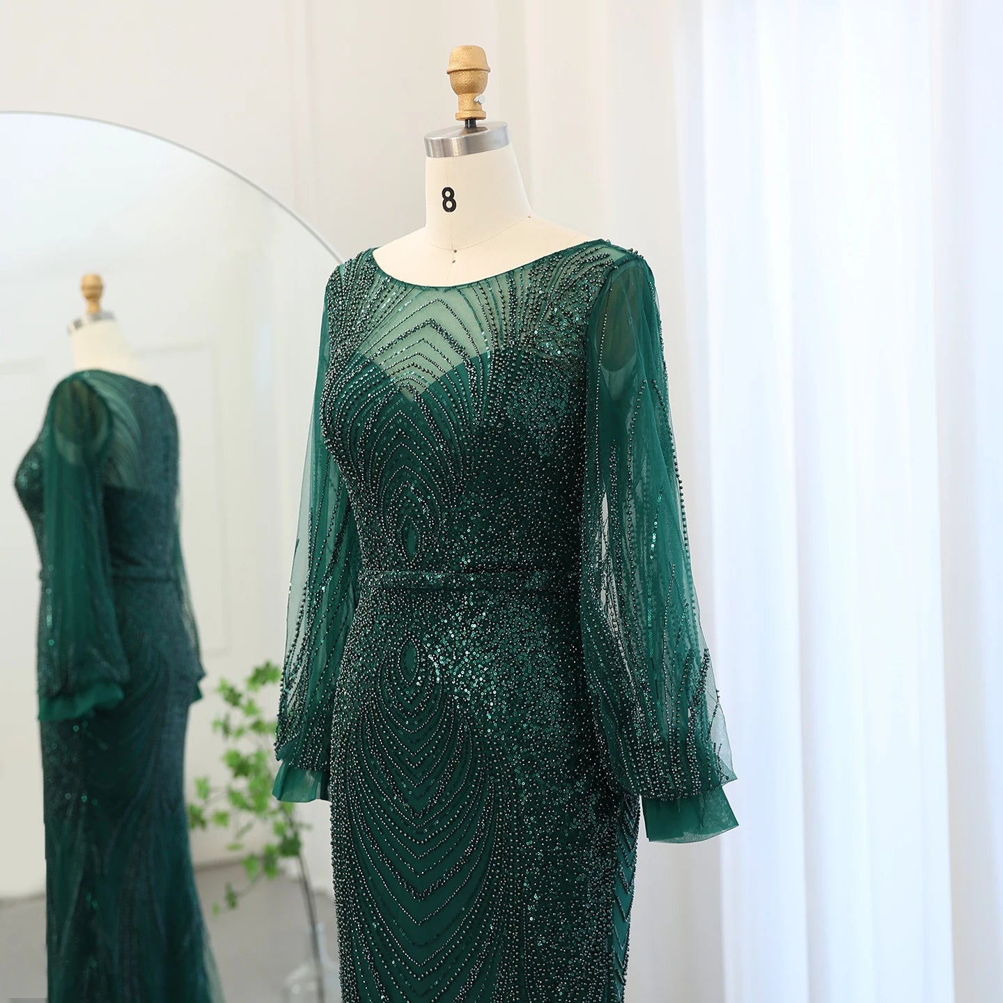 Luxury Emerald Green Mermaid Evening Dresses For Women Wedding Elegant Long Sleeves Formal Party Gowns - Image 4