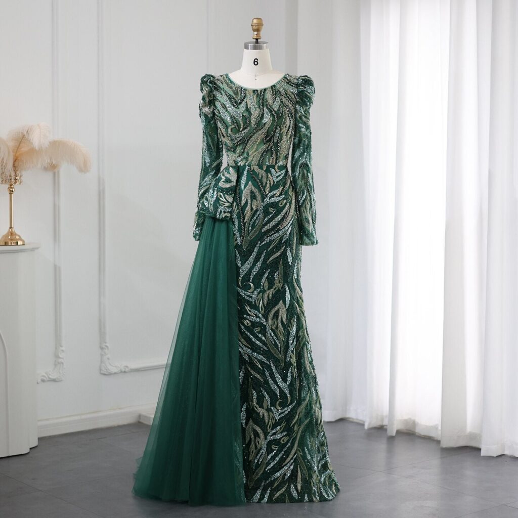 Luxury Mermaid Evening Dress Overskirt Long Sleeve  Women Wedding Party