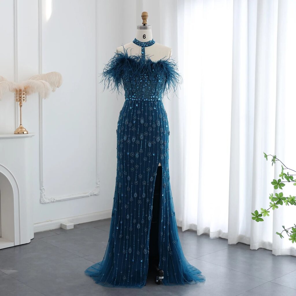 Luxury Feather Mermaid Hunter Evening Dresses Elegant Halter Long Wedding Formal Party Gowns