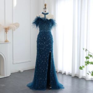 Luxury Feather Mermaid Hunter Evening Dresses Elegant Halter Long Wedding Formal Party Gowns