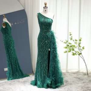 Luxury Feather One Shoulder Mermaid Prom Evening Dresses for Women Wedding Party Gowns with Slit
