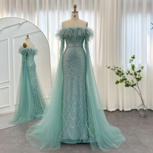 Luxury Feather Evening Dress with Cape Sleeves Wedding Party Prom Gown