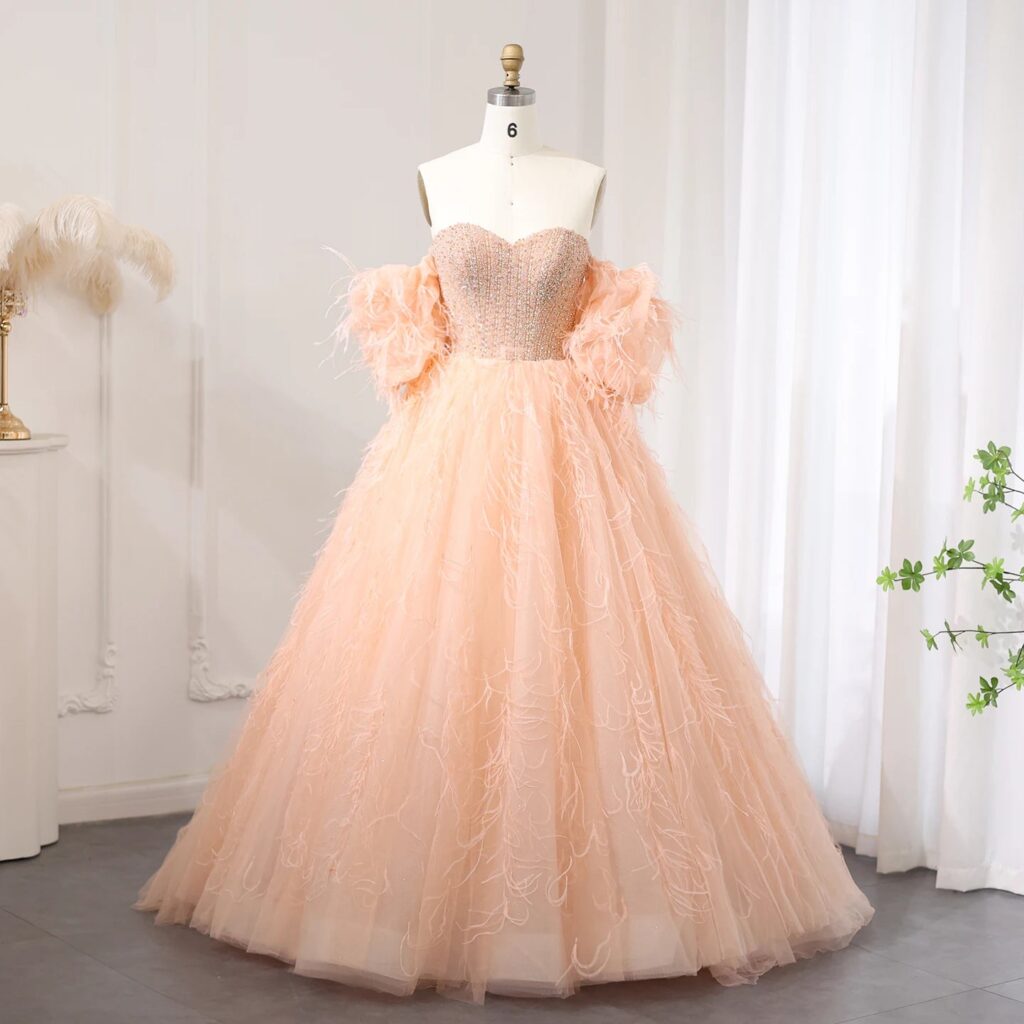 Luxury Feathers Ball Gown Coral Pink Evening Dress 2024 Birthday Party Gowns