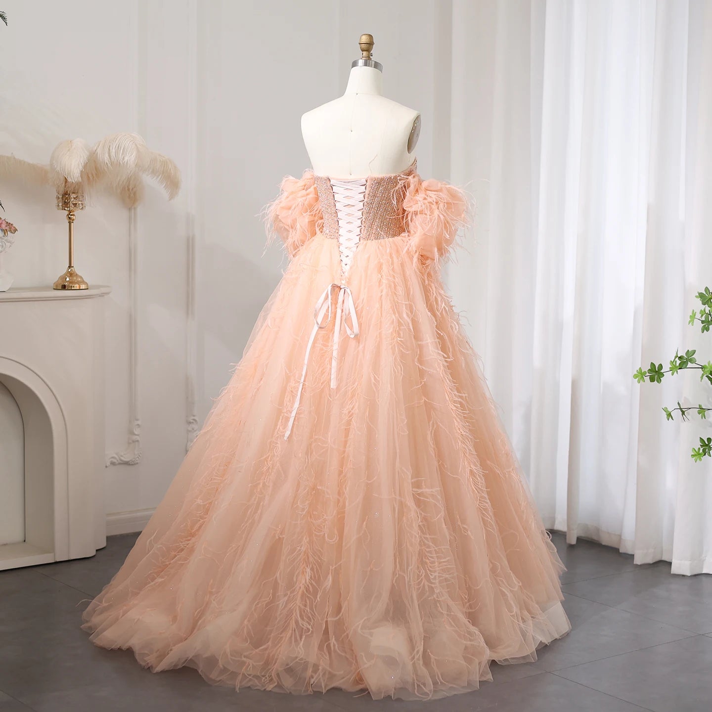 Luxury Feathers Ball Gown Coral Pink Evening Dress 2024 Birthday Party Gowns - Image 6