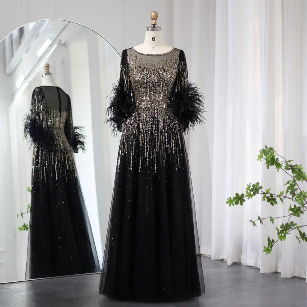 Luxury Feathers Evening Dresses for Women Elegant Half Sleeve Wedding Party Dress