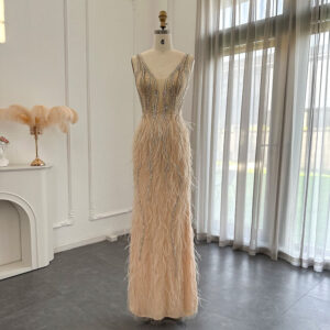 Luxury Feathers Evening Dresses for Women Wedding Silver Long V-neck Prom Formal Dress