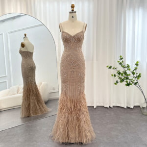 Luxury Feathers Champagne Evening Dresses for Women Wedding Spaghetti Straps Mermaid Long Party Prom Dresses