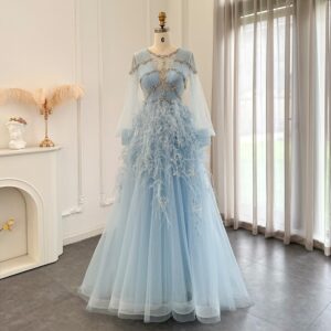 Luxury Feathers Blue Evening Dresses for Women Wedding Party Crystal Long Sleeve Formal Prom Gown