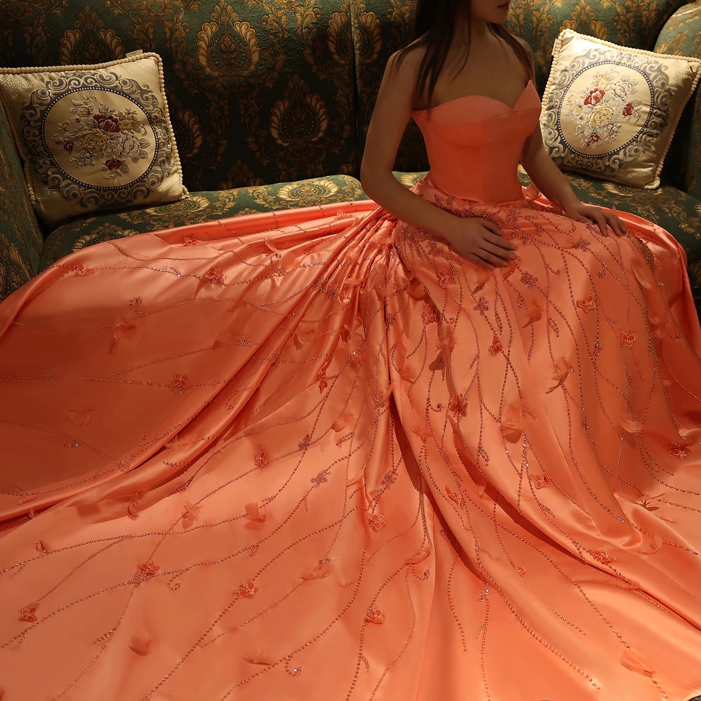 Luxury Feathers Coral Pink Evening Dresses 3D Flowers Sweetheart Long Women Wedding Formal Party Dress - Image 2