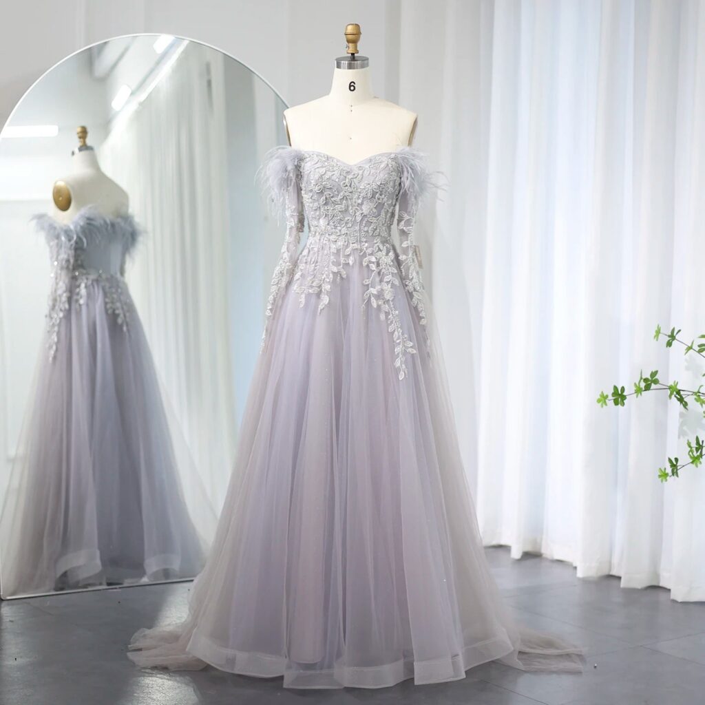Luxury Feathers Gray Purple Evening Dress with Cape Sleeve Elegant Off Shoulder Lilac Wedding Party Gown
